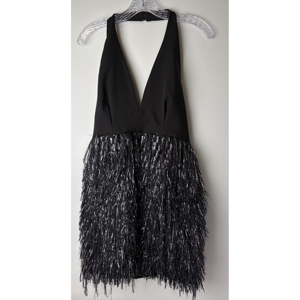 DO+BE Black Silver Tinsel Fringe Open Back Halter Mini Dress GY2191 NWT Large - Picture 2 of 13